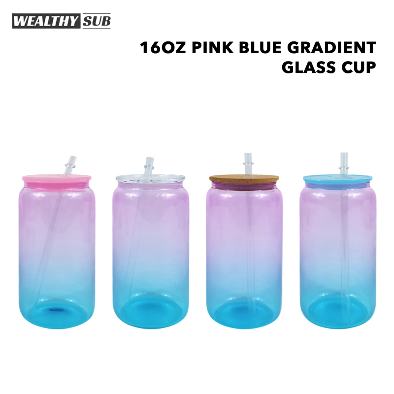 Wealthysub China warehouse sublimation 16oz Pink Blue Gradient Glass Cup